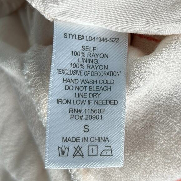 Maverick Sz S Boho Embroidered Rayon Mini Dress Cream Pink Beach Resort - Picture 8 of 8